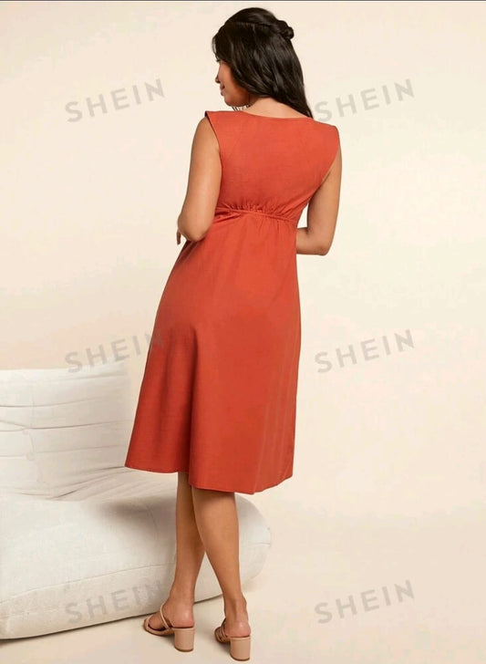 Vestido lactancia de algodón y lino color terracota