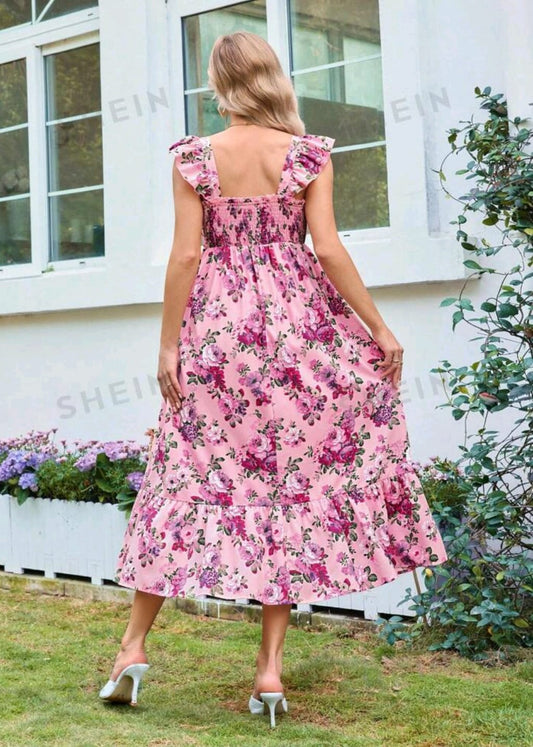 Vestido maternidad rosa con estampado floral largo