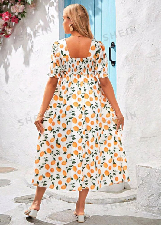 Vestido maternidad estampado de limones tipo midi con mangas y cuello cuadrado