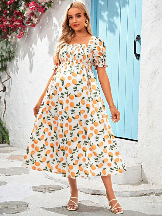 Vestido maternidad estampado de limones tipo midi con mangas y cuello cuadrado