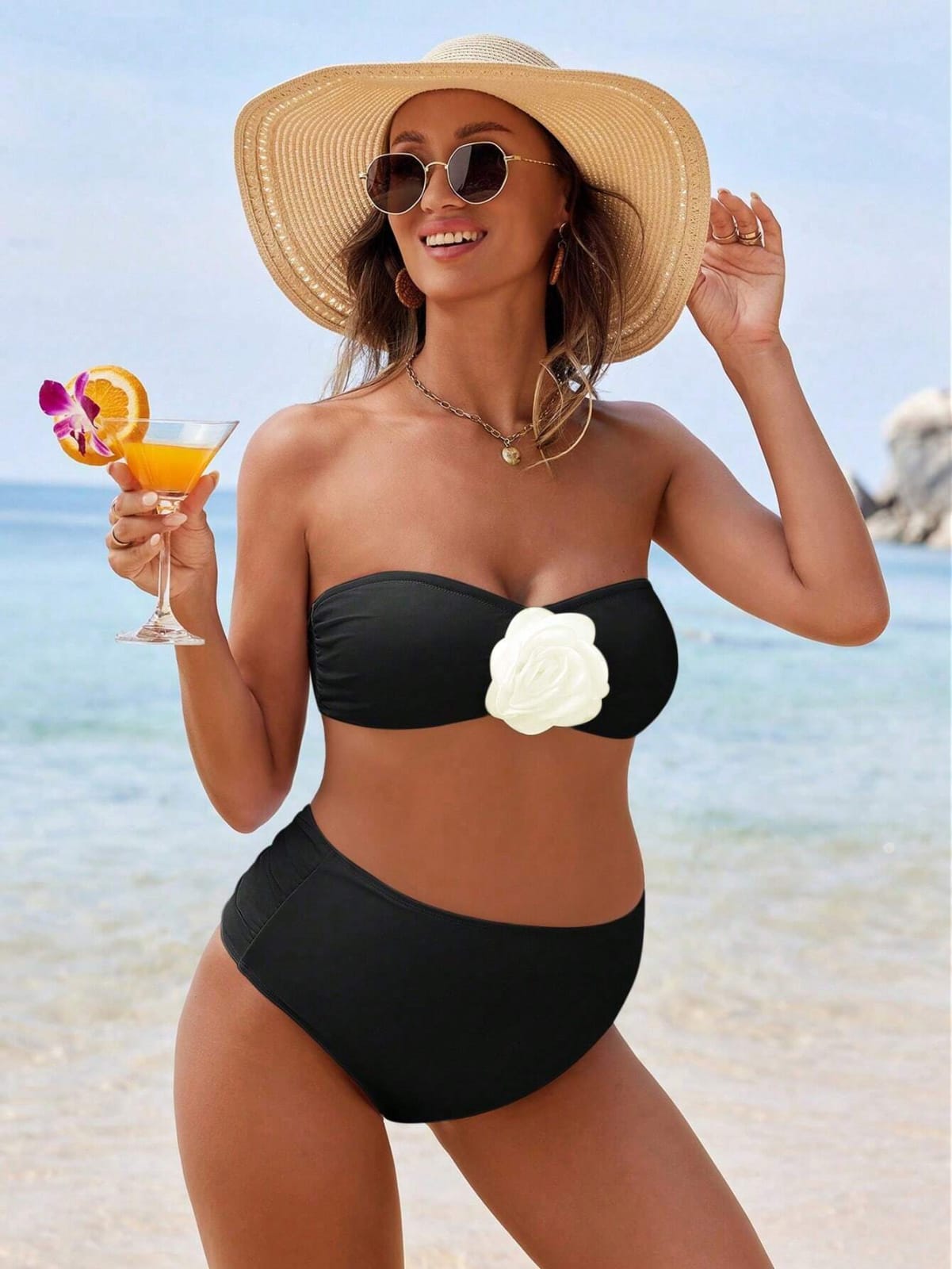 Traje de baño maternidad 2 piezas negro con flor