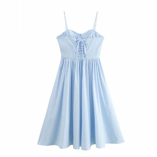 Vestido celeste color solido midi corset sin mangas