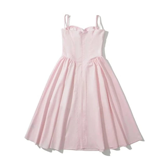 Vestido Midi Rosa Sólido – Estilo Romántico y Atemporal sin mangas