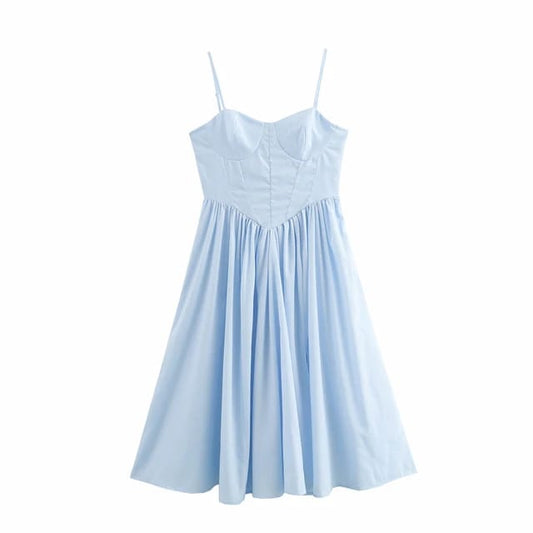 Vestido celeste color solido midi corset sin mangas