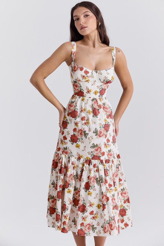 Vestido midi estampado rosas de algodón sin mangas