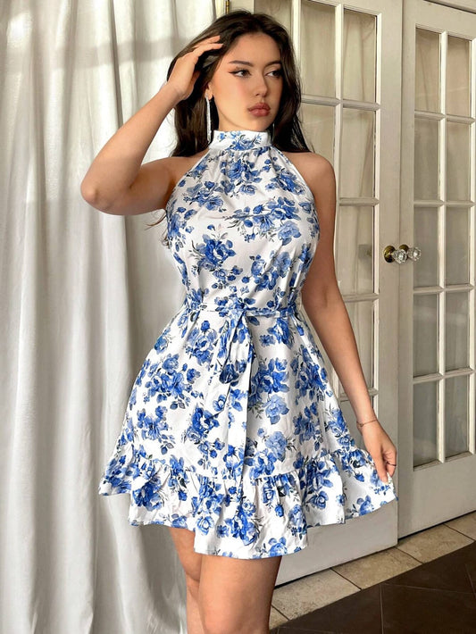 Vestido estampado celeste corto sin mangas