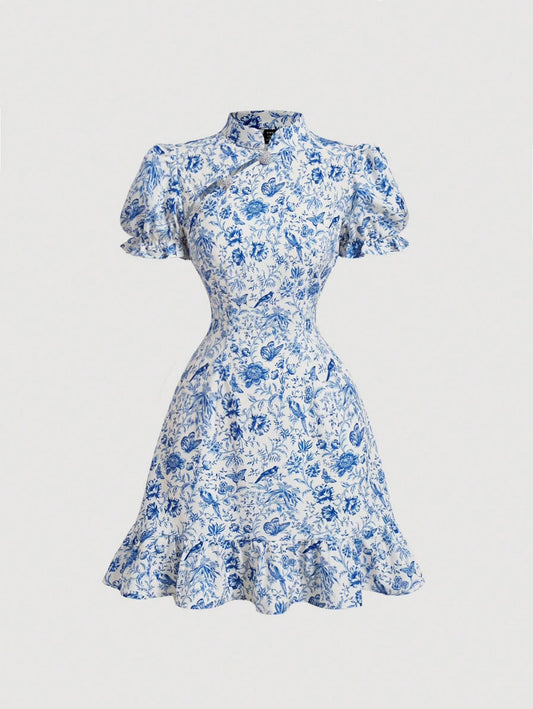 Vestido corto estampado azul cuello chino