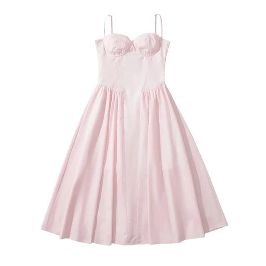 Vestido Midi Rosa Sólido – Estilo Romántico y Atemporal sin mangas