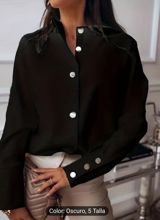 Blusa Negro manga larga botones plateado