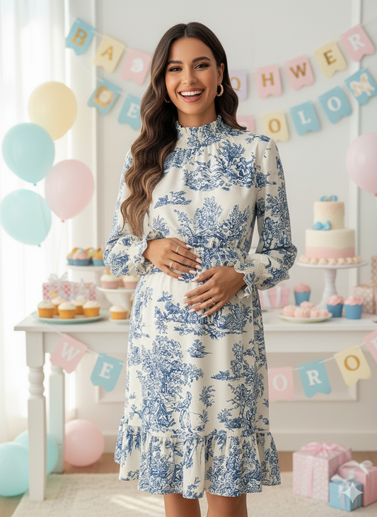 Vestido blanco con celeste casual de manga larga con cuello vuelto, estampado botánico, para maternidad, ideal para vacaciones