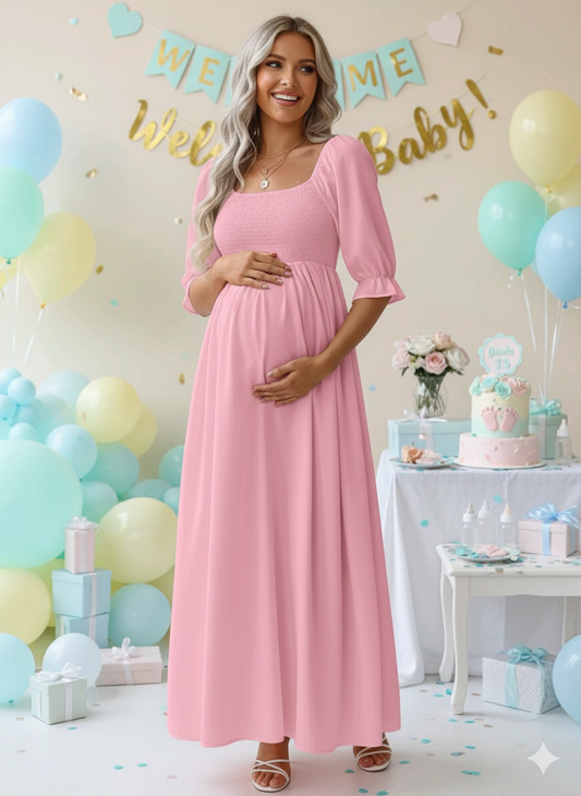 Vestido de maternidad largo rosado con cuello cuadrado para babyshowers y revelación de genero