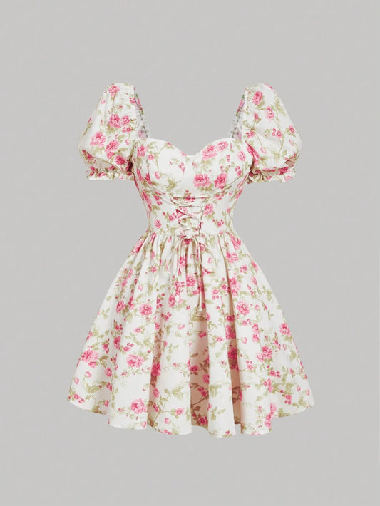 Vestido corset frente estampado floral rosado corto