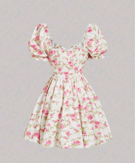 Vestido corset frente estampado floral rosado corto