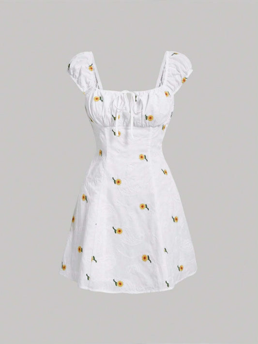 Vestido blanco estampado flores amarillas corto
