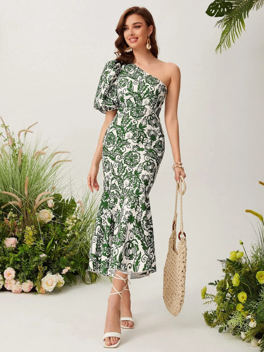Vestido midi de una manga estampado verde