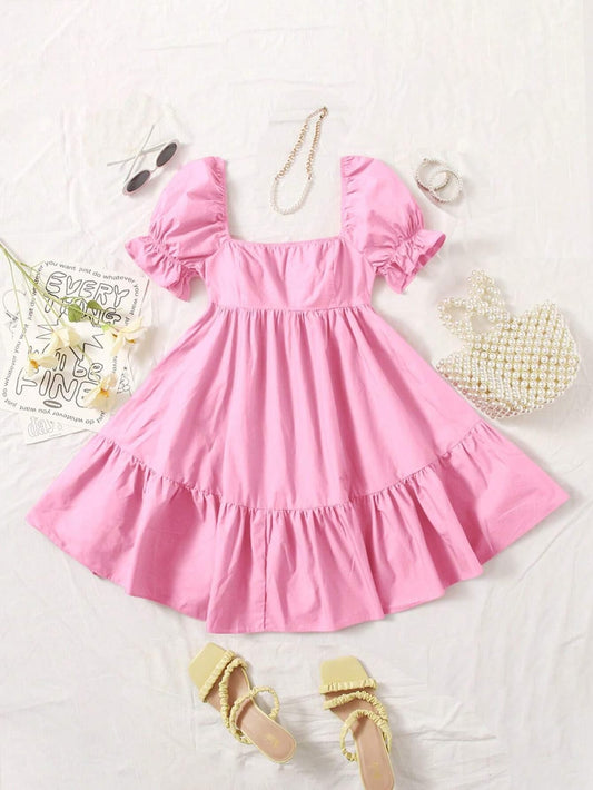 Vestido corto De Burbuja Con Mangas Abullonadas y Cuello Cuadrado rosa
