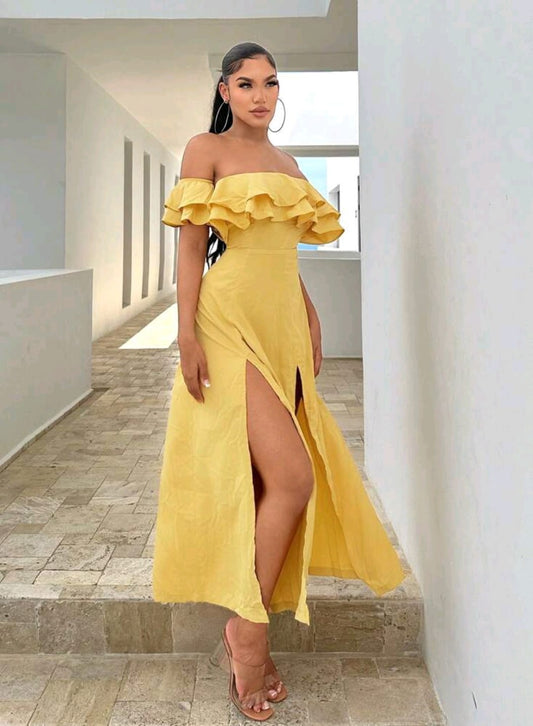 Vestido midi amarillo largo, hombros caidos