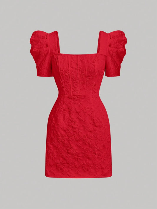 Vestido Corto Rojo Escote Cuadrado Y Mangas Abullonadas