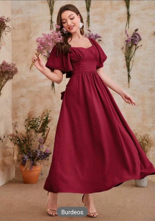 Vestido largo rojo vino con mangas y lazo en espalda