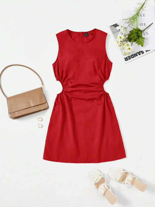 Vestido Rojo abertura en cintura sin mangas