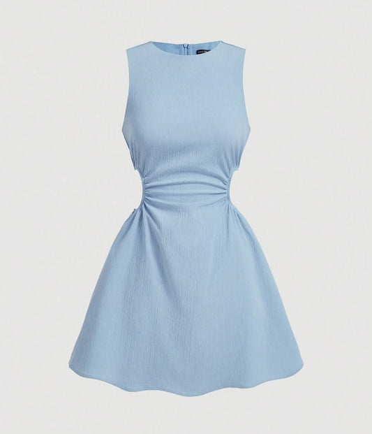 Vestido corto  romántico burbuja celeste sin mangas