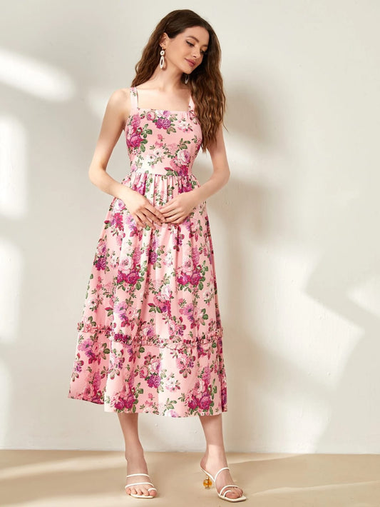 Vestido largo de tirantes con estampado floral rosa