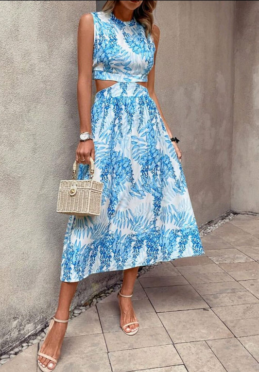 Vestido midi estampado celeste abertura en cintura