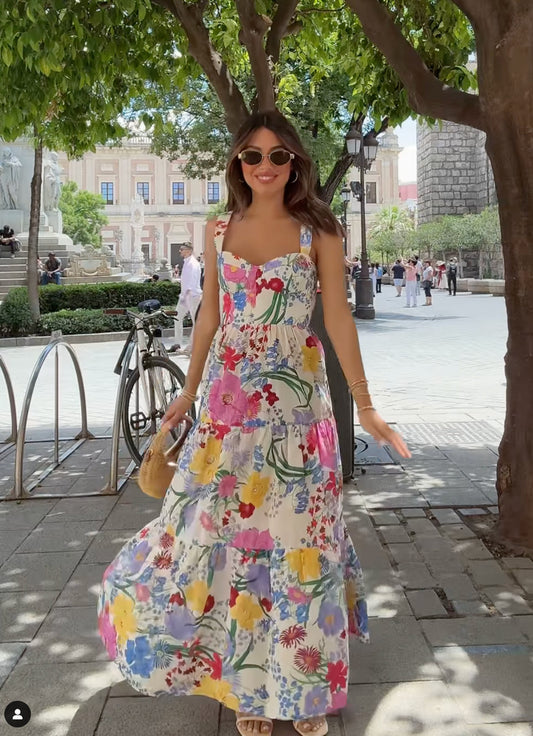 Vestido largo estampado estilo Zara sin tirantes