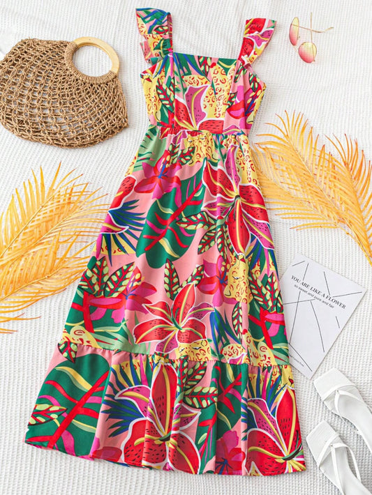 Vestido maxi con Cuello Cuadrado con estampado de colores