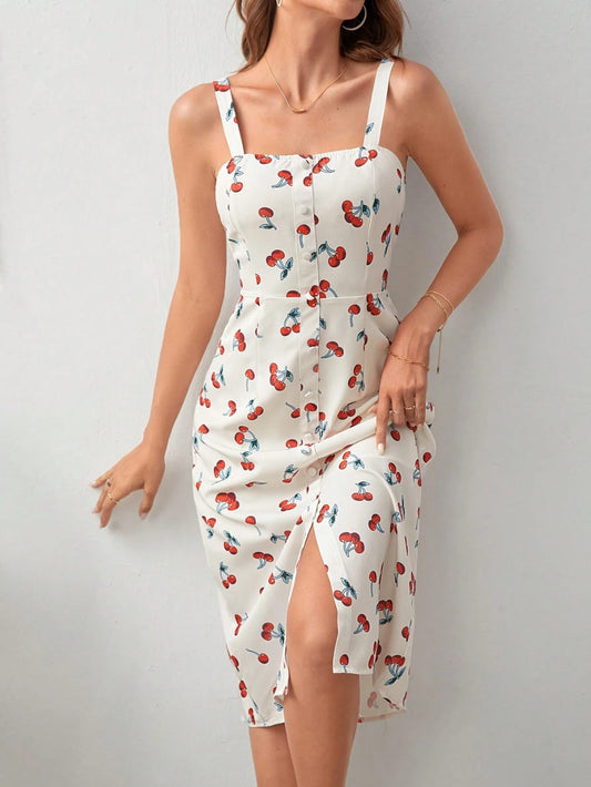 Vestido midi estampado de cerezas de tirantes