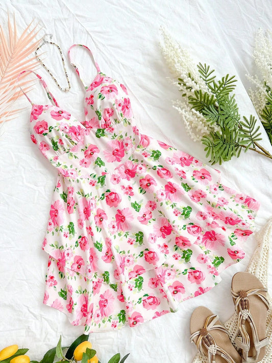 Vestido estampado floral rosado con verde de tirantes