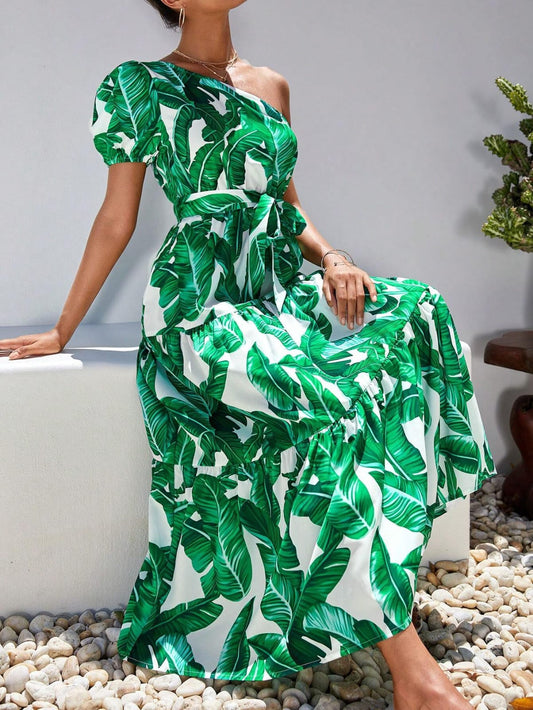 Vestido verde largo estampado de una manga