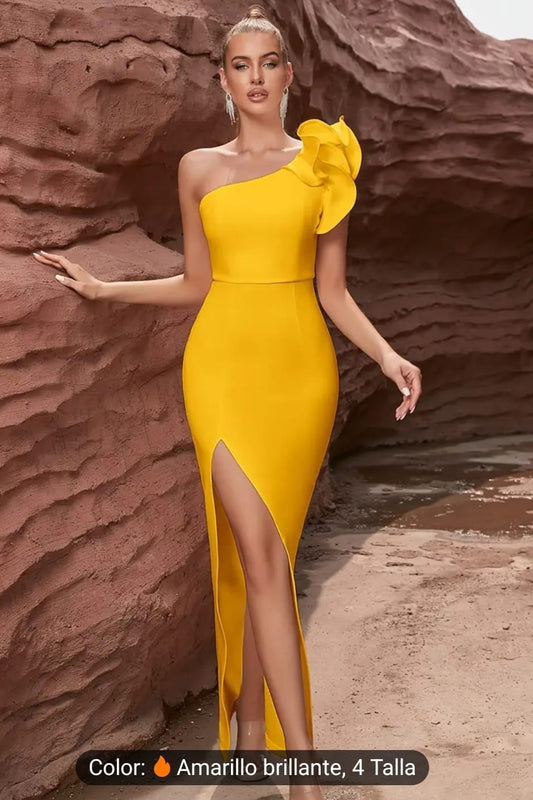 Vestido de noche amarillo de un hombro con adorno
