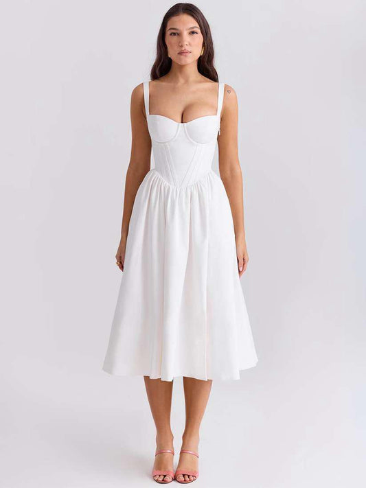 Vestido detalles corset falda tipo campana blanco