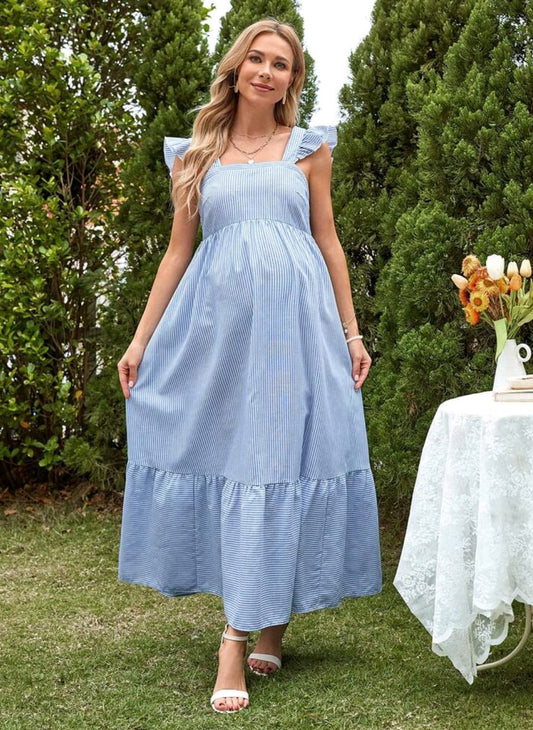 Vestido de lactancia con mangas fruncidas Celeste con rayas blancas