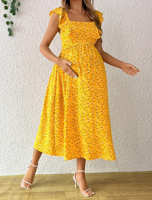 Vestido de maternidad amarillo con estampado floral