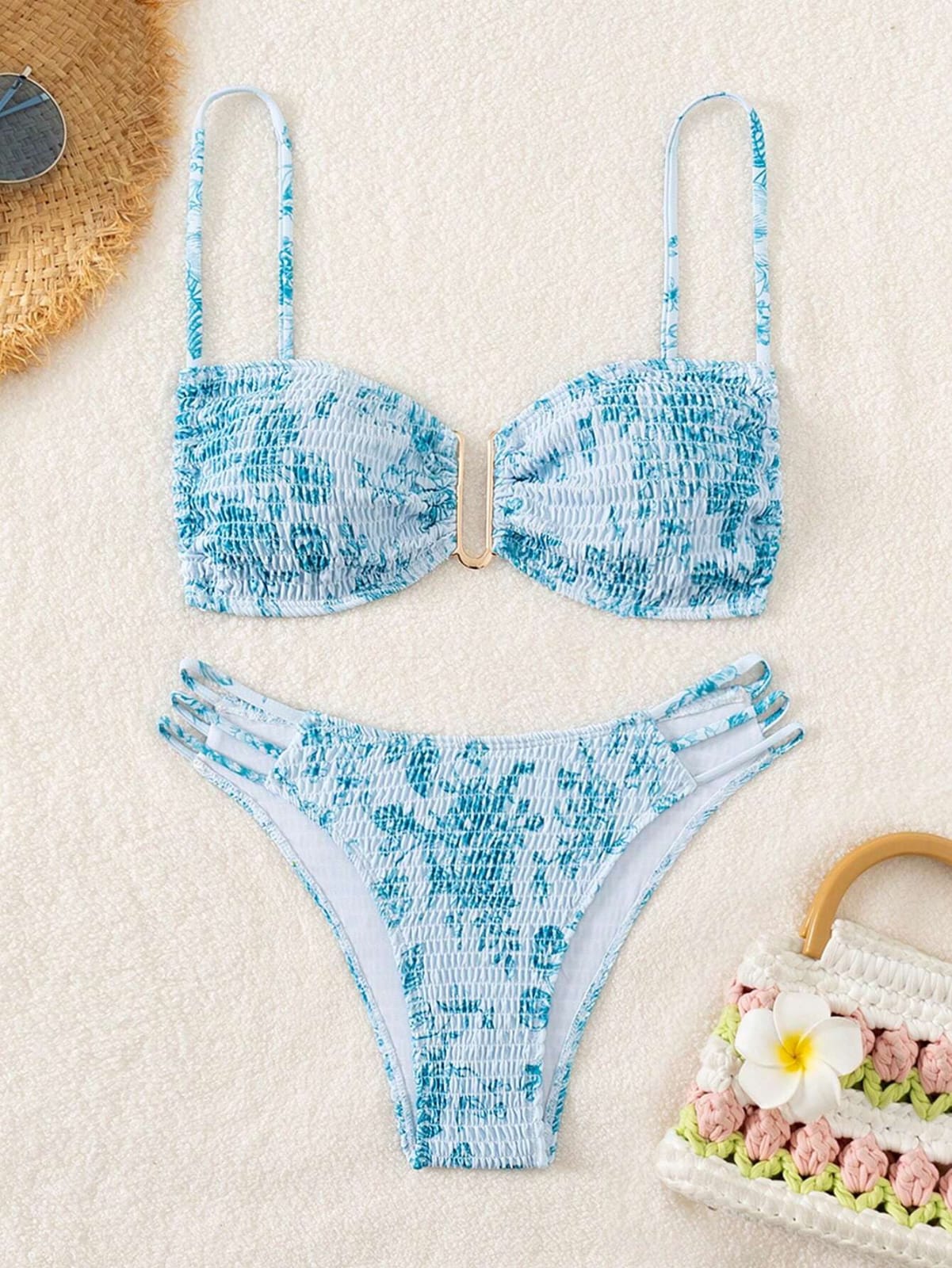 Traje de baño 2 piezas celeste con blanco