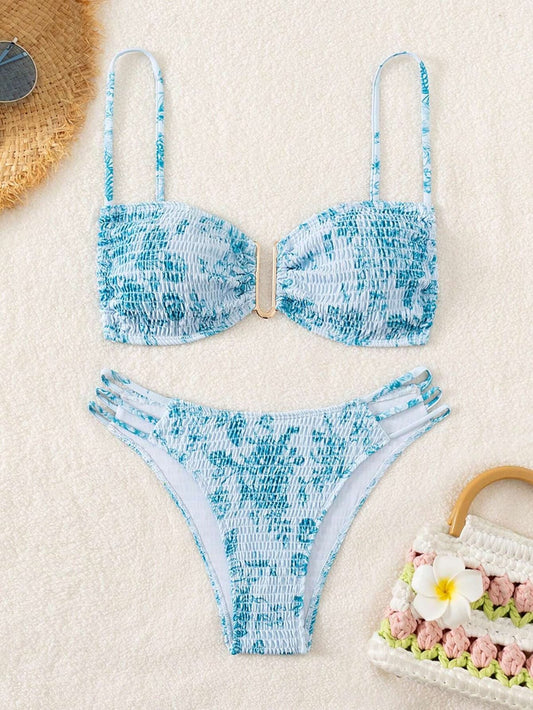 Traje de baño 2 piezas celeste con blanco