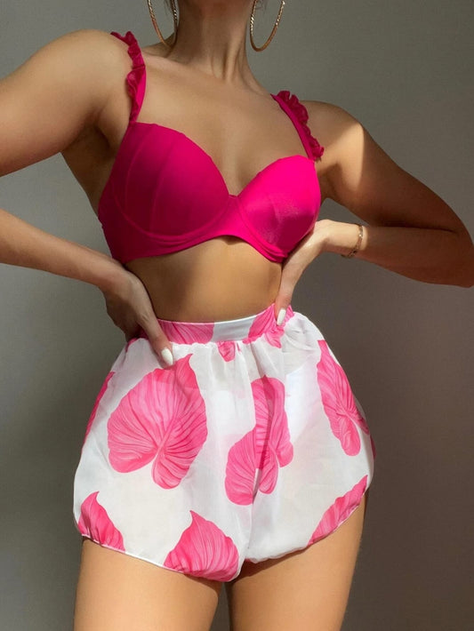 Traje de baño 3 piezas de short rosado