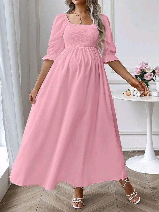 Vestido de maternidad largo rosado con cuello cuadrado para babyshowers y revelación de genero