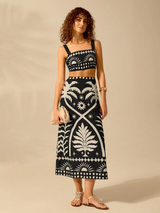 Conjunto de top con falda larga print negro con crema