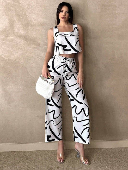 Conjunto de top con pantalón crema con negro