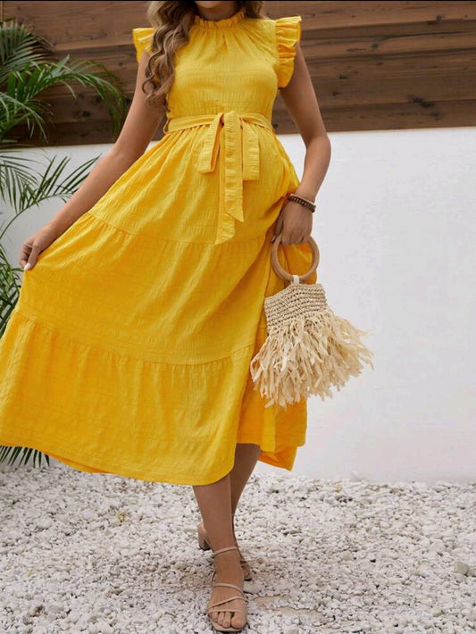 Vestido de maternidad de cuello redondo amarillo