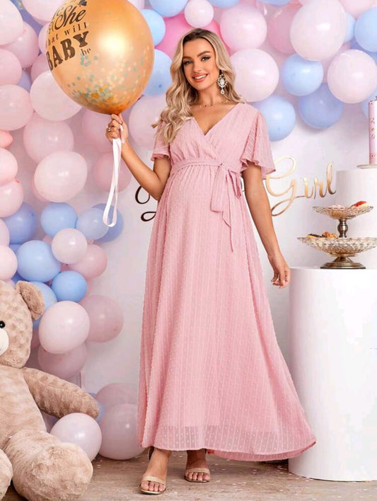 Maternidad Vestido de cuello cruzado con cinturón de lunares de gasa rosado