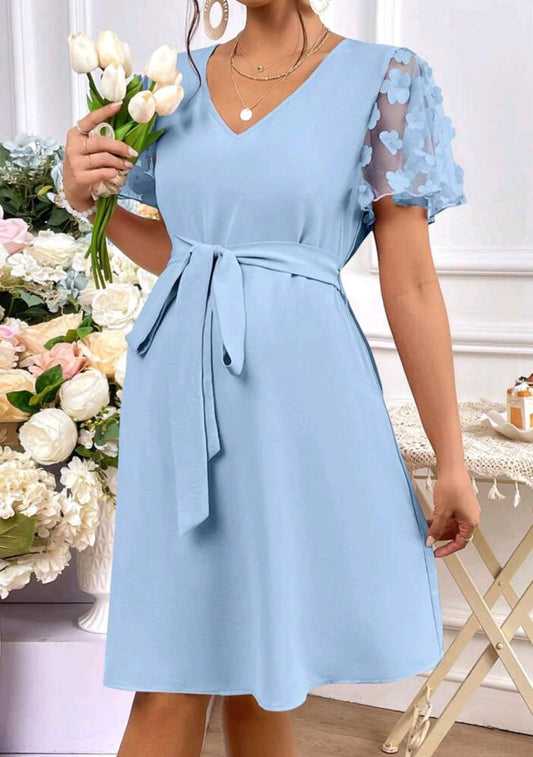 Vestido Mangas con flores - Celeste