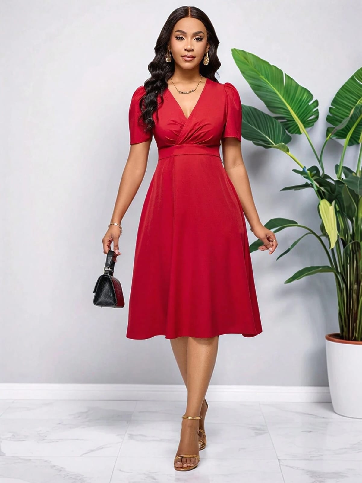 Vestido rojo con mangas y escote en V midi