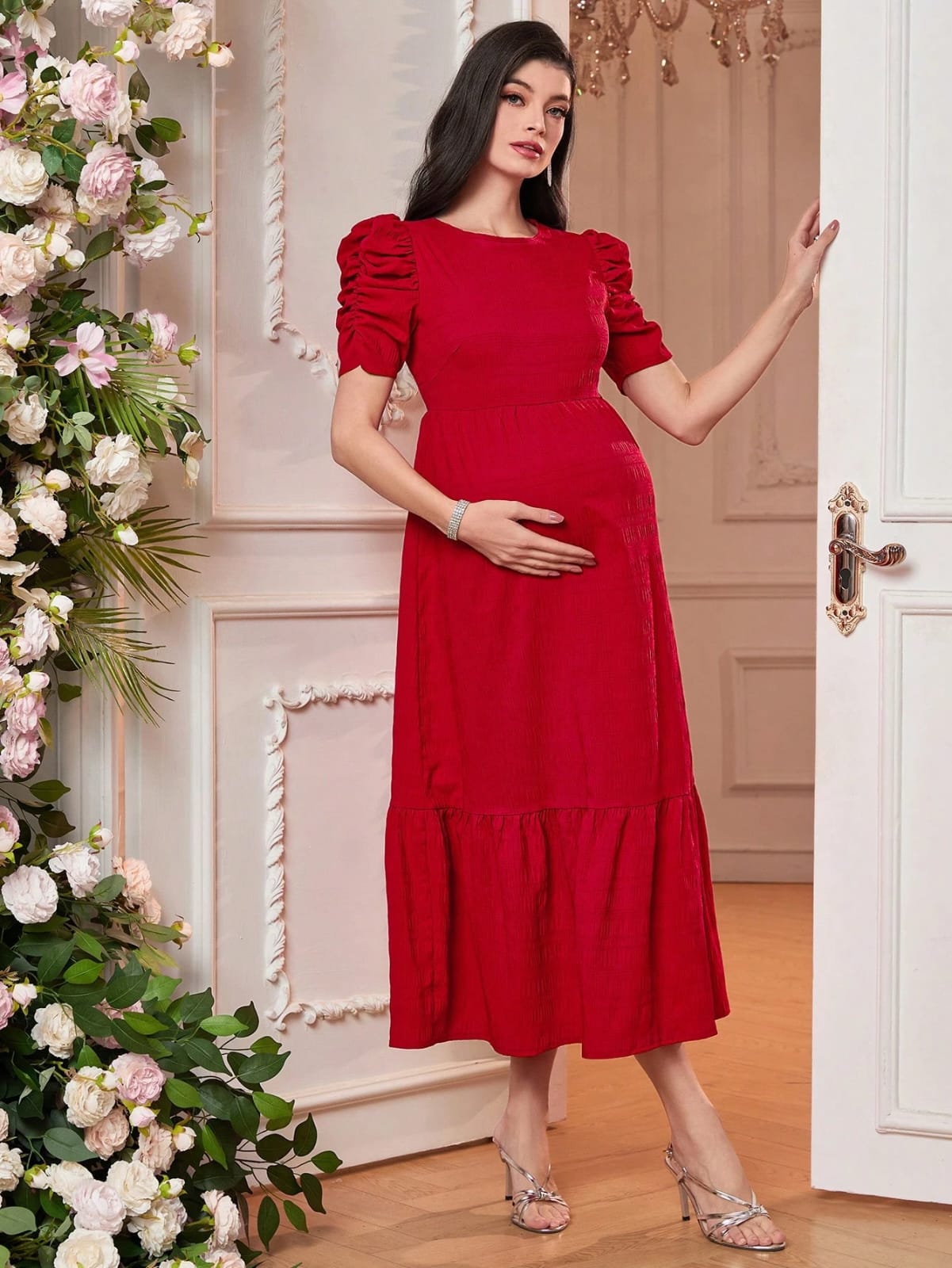 Vestido maternidad rojo maxi con mangas