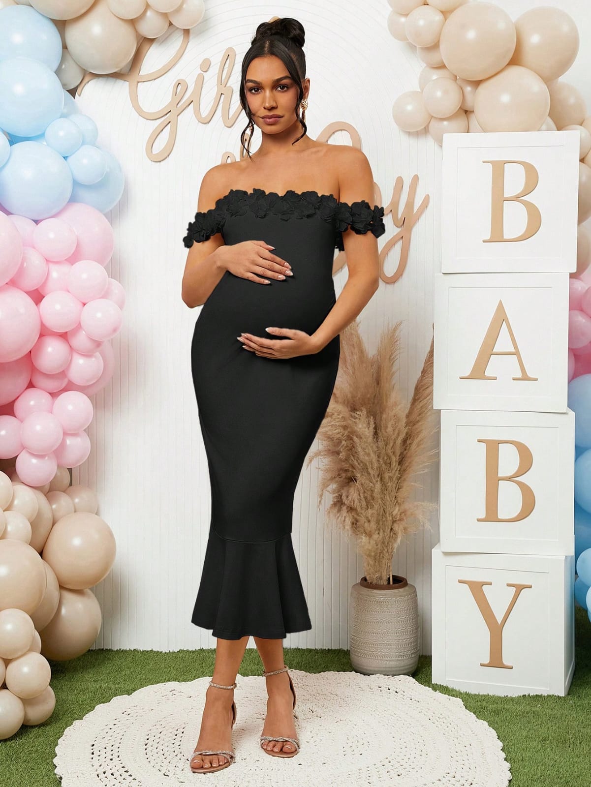 Vestido maternidad sin hombros midi negro