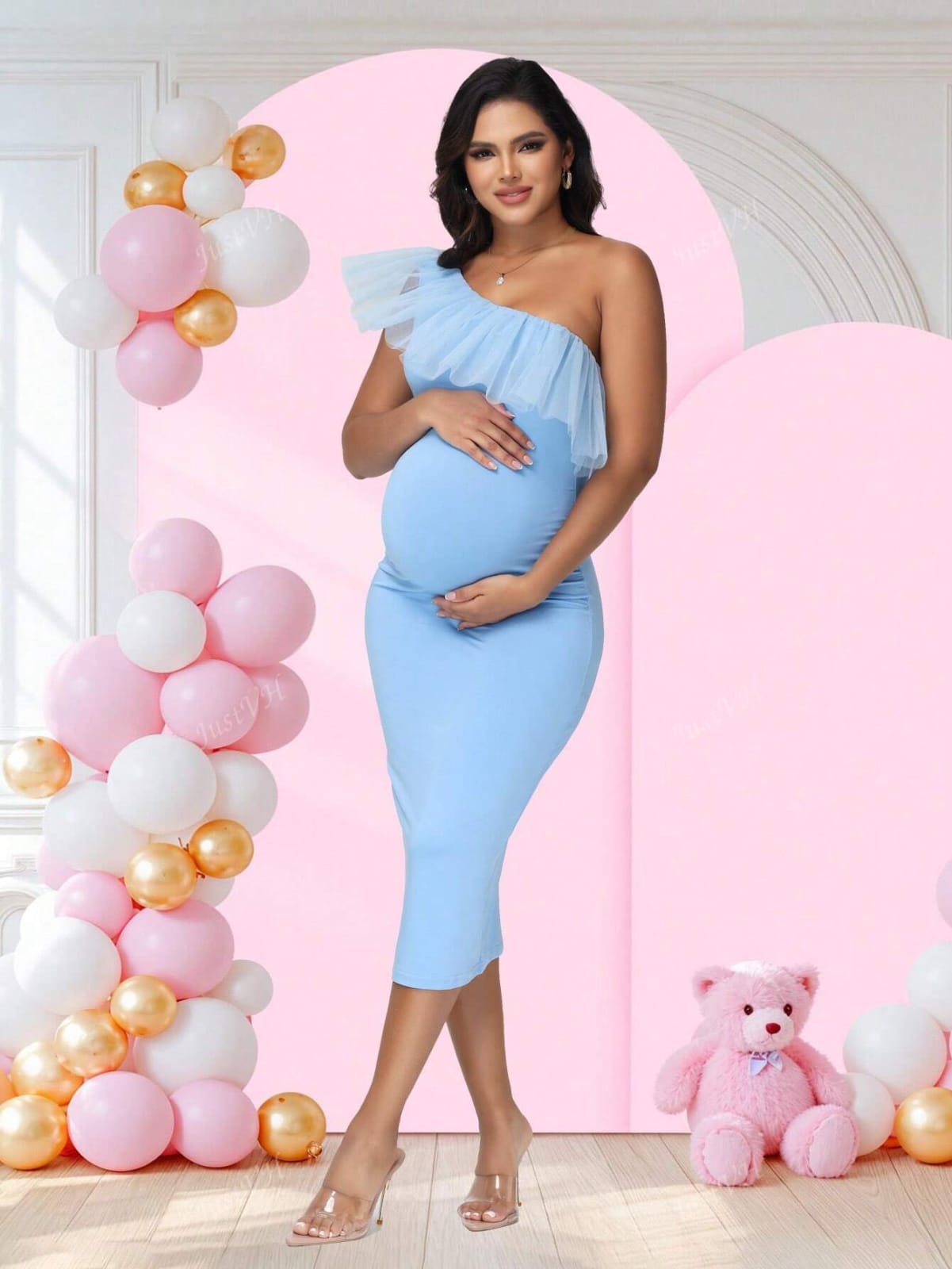 Vestido matenidad celeste de un hombro midi