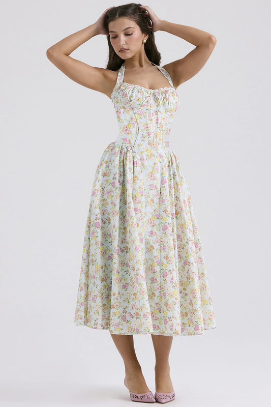 Vestido halter midi verde con print